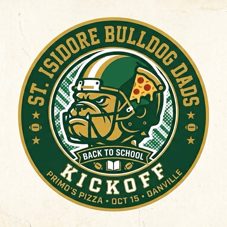 St. Isidore Bulldog Dads Back to School Kickoff badge — bulldog in football helmet at Primo's Pizza