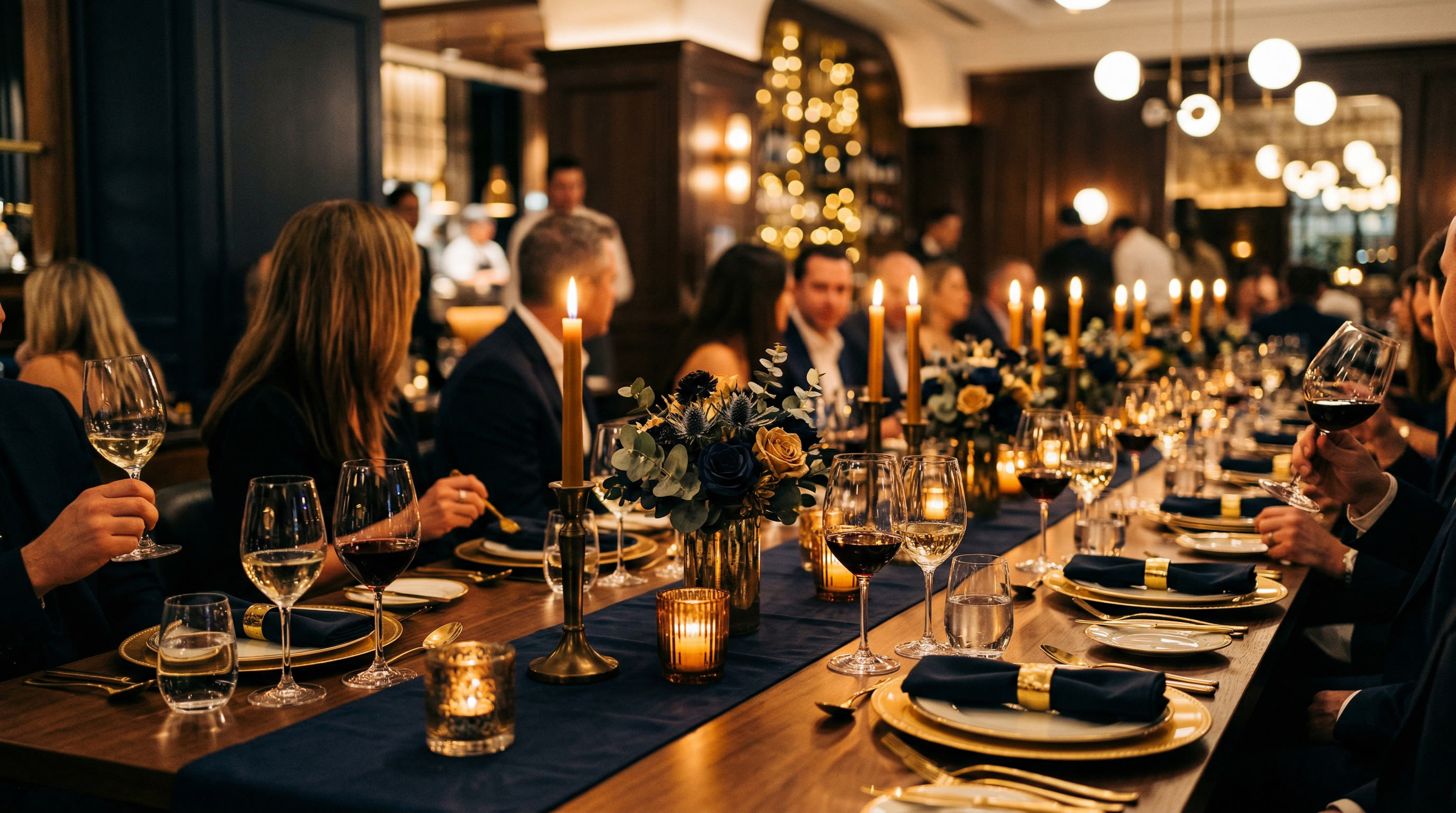 Elegant dinner setting with candlelight and fine dining