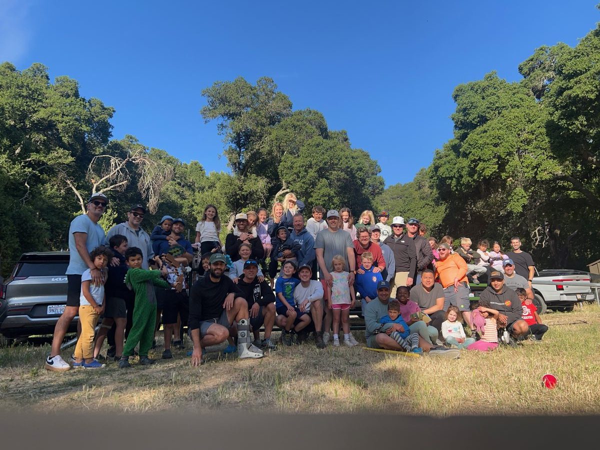Large group photo of Bulldog Dads and kids at the annual camping trip