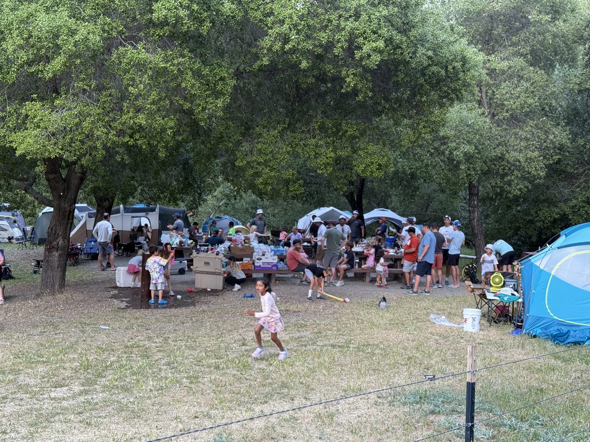 Families gathered at the campsite during the day with tents and trees