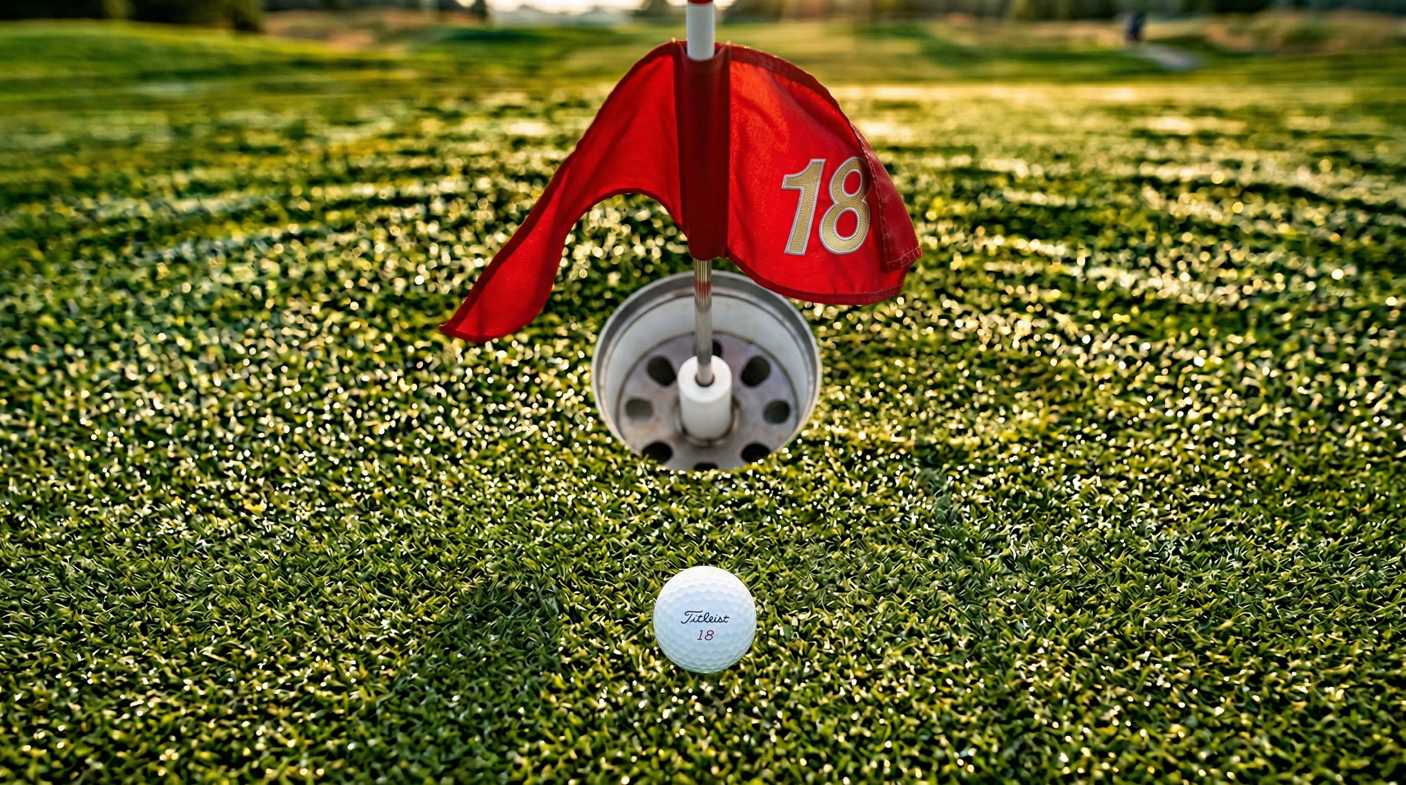 Golf ball and flagstick on a pristine putting green