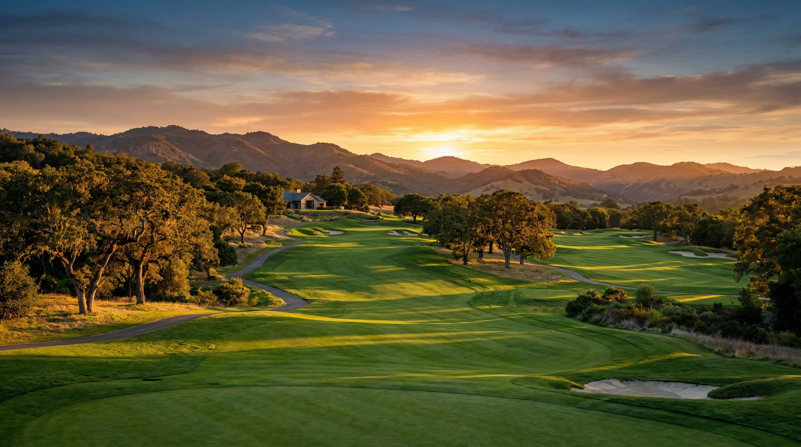 Panoramic view of a golf course at golden hour in the East Bay hills